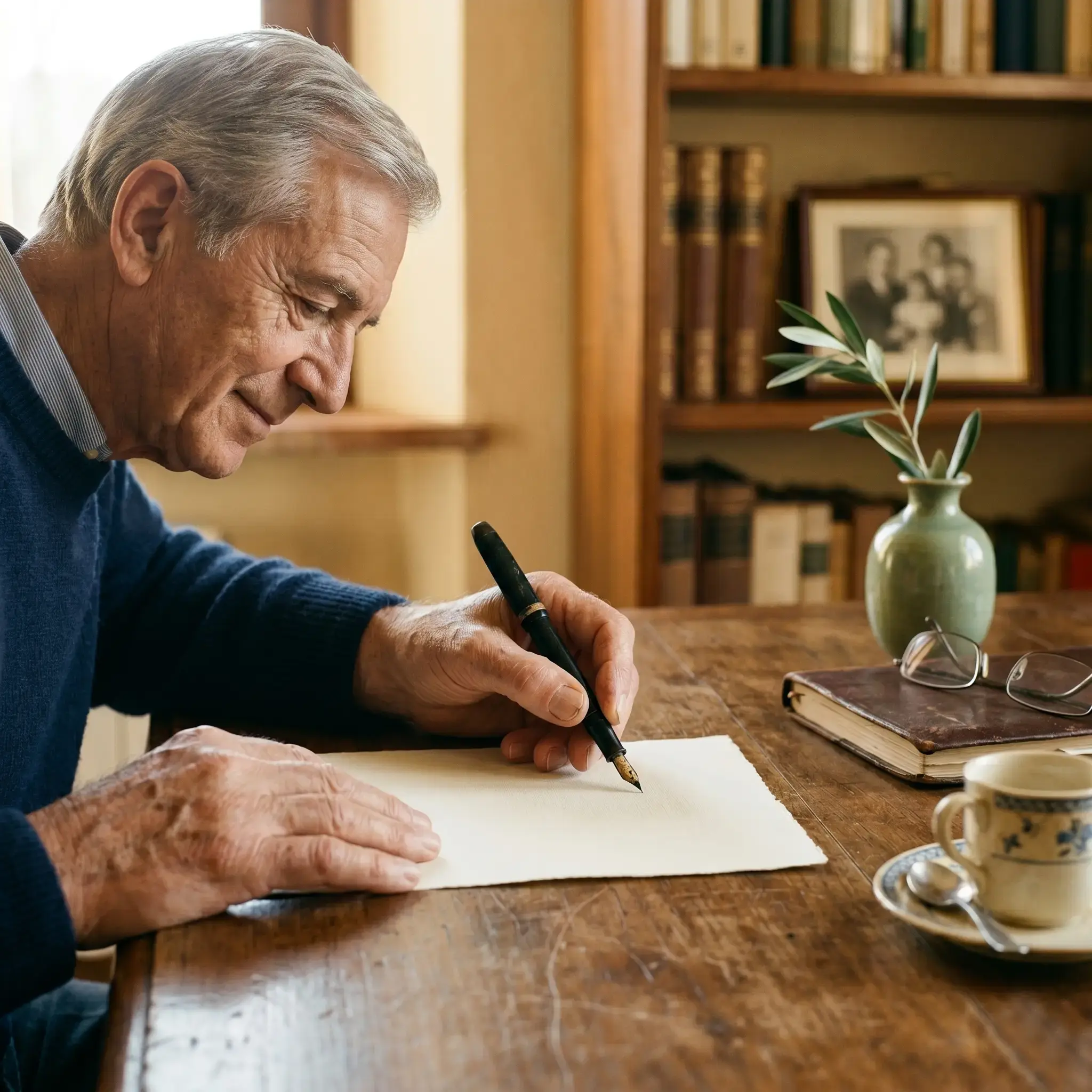 Uomo anziano italiano scrive a mano il proprio testamento olografo con penna stilografica, alla scrivania, accanto a una foto di famiglia